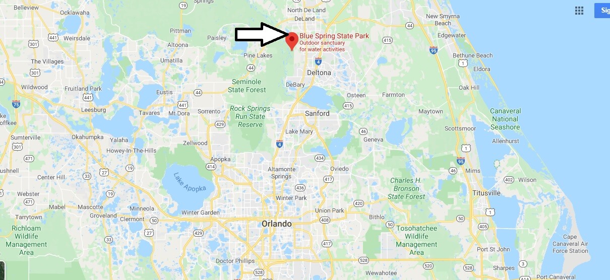 Where is Blue Spring State Park? How far is Blue Springs State Park from Orlando?